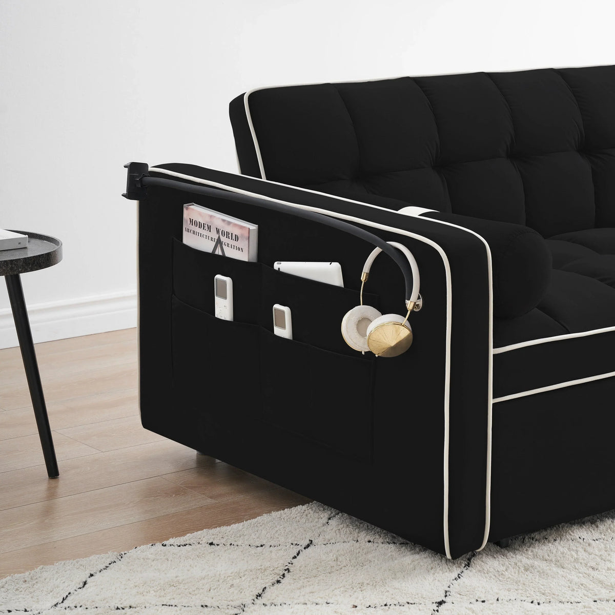 Velvet Convertible 55'' 2-Seater Sleeper Sofa with Pull-Out Bed, Adjustable Recline, Side Pockets, and Phone Holder