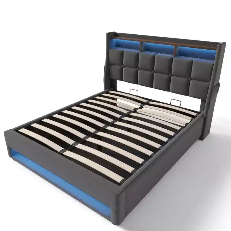 Κρεβάτι Queen Size με υδραυλικό αποθηκευτικό χώρο, LED, USB, επενδυμένο κεφαλάρι, χωρίς ανάγκη για σομιέ, εύκολη συναρμολόγηση