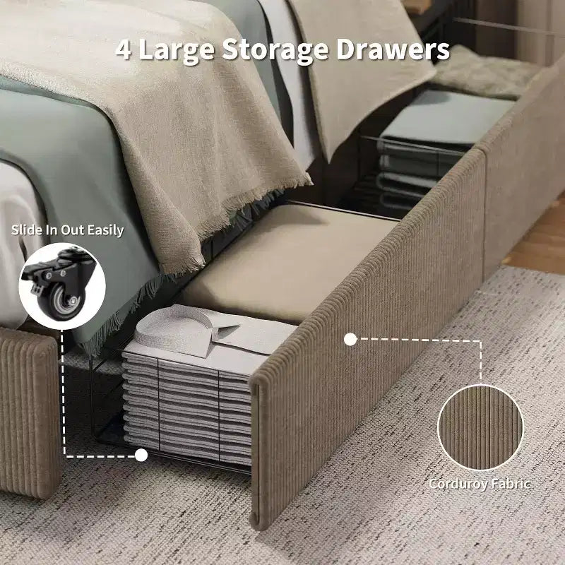 Κρεβάτι CuisinSmart με επένδυση κοτλέ και κεφαλάρι, πλατφόρμα με 4 συρτάρια αποθήκευσης και ξύλινα δοκάρια στήριξης
