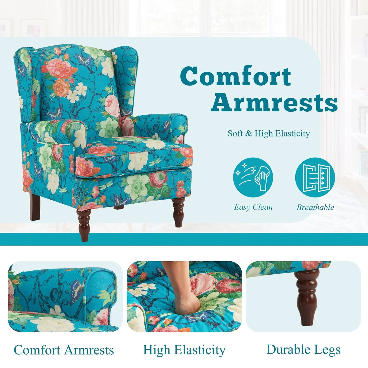 Erommy Modern Accent Chair, High Back Armchair, Upholstered Fabric Button Single Sofa with Wooden Legs for Living Room