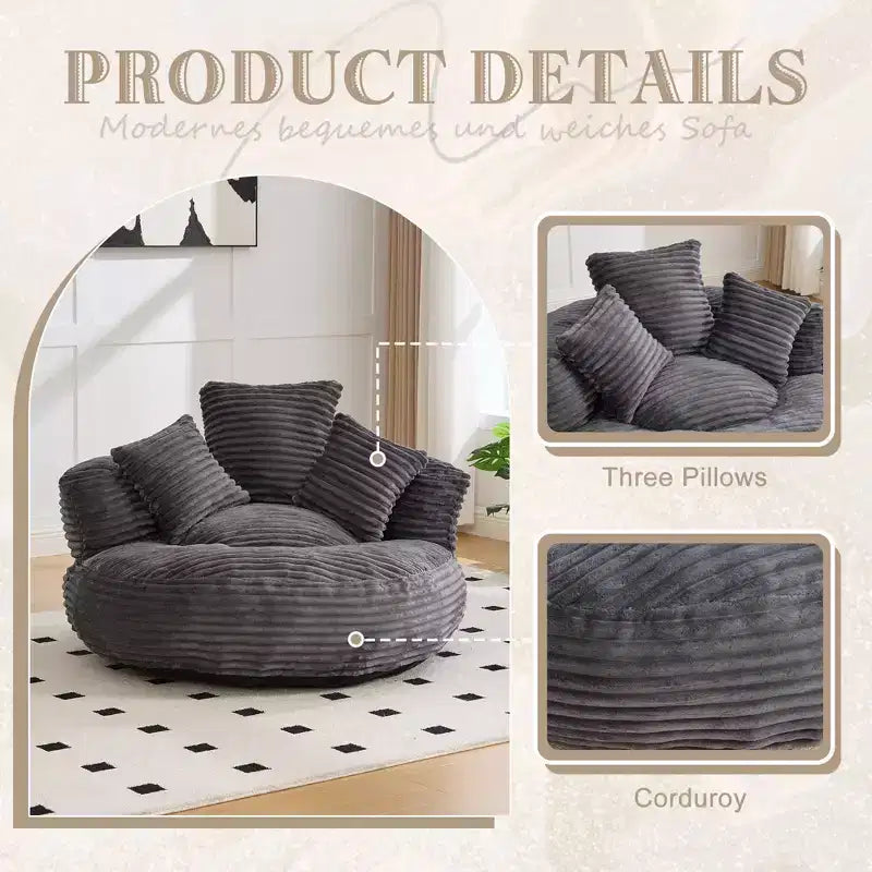 Καναπές Bean Bag για ενήλικες και παιδιά, υπερμεγέθης πολυθρόνα πουφ από κοτλέ ύφασμα με 3 μαξιλάρια και μπράτσα για το σαλόνι και την κρεβατοκάμαρα