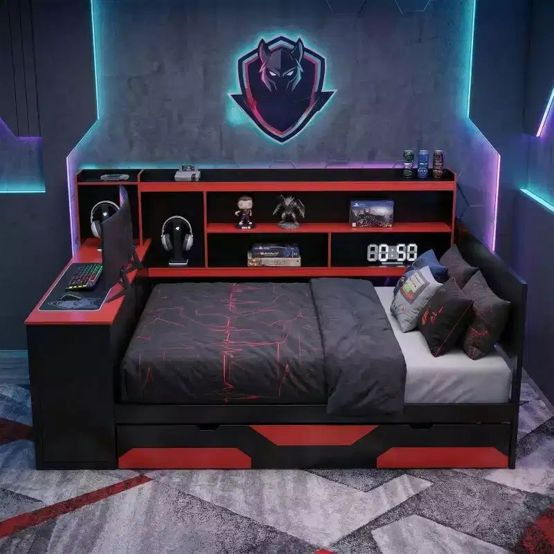 Gamer Hub Daybed με Γραφείο, Φώτα RGB, Σταθμό Φόρτισης, Συρτάρια Αποθήκευσης & Κεφαλάρι-Βιβλιοθήκη