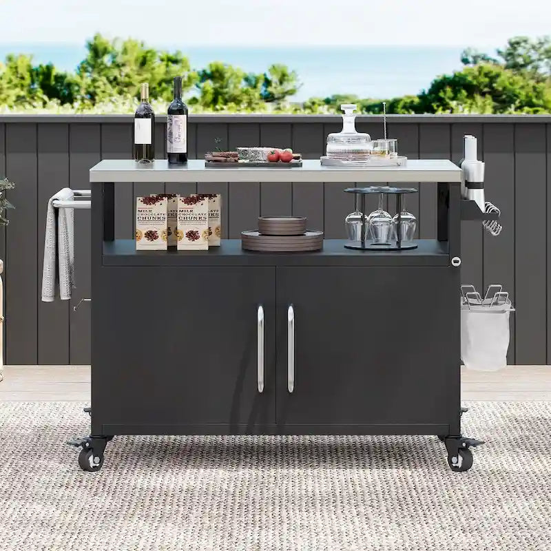 Outdoor Kitchen Island With Stainless Steel Tabletop,Metal Grill Cart Table With Storage Cabinet - N/A