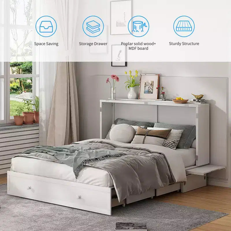 Mjkone Murphy Bed Queen, Αναδιπλούμενο κρεβάτι-ντουλάπι Cube με σταθμό φόρτισης & αποθηκευτικό χώρο