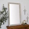 48"x28" Modern Rectangular Wood Carved Beaded Wall Mirror, White, No Assembly Required