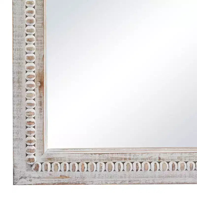 48"x28" Modern Rectangular Wood Carved Beaded Wall Mirror, White, No Assembly Required