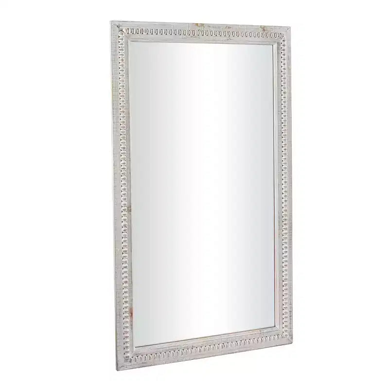 48"x28" Modern Rectangular Wood Carved Beaded Wall Mirror, White, No Assembly Required