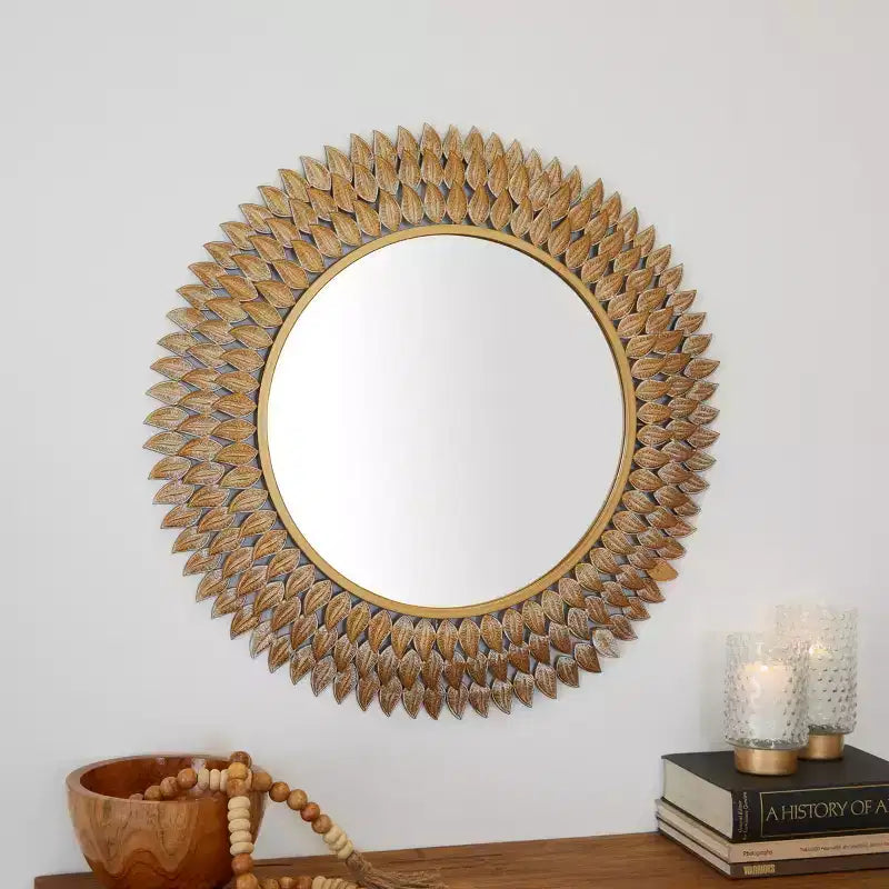 32"x32" Μεταλλικός Καθρέφτης Τοίχου Radial με Φύλλα, Χρυσός Σκελετός Σιδήρου, Δεν Απαιτείται Συναρμολόγηση