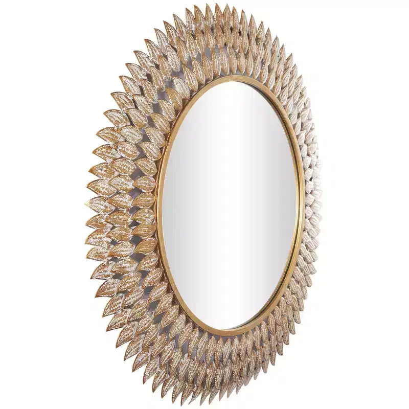 32"x32" Μεταλλικός Καθρέφτης Τοίχου Radial με Φύλλα, Χρυσός Σκελετός Σιδήρου, Δεν Απαιτείται Συναρμολόγηση