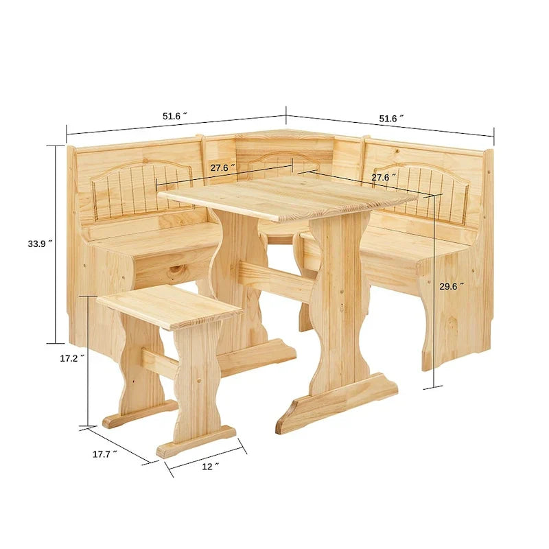 MUSEHOMEINC Traditional Style 3 Piece Solid Wood Breakfast Nook Dining Table Set with Side Bench, Hidden Storage Nook Table Set