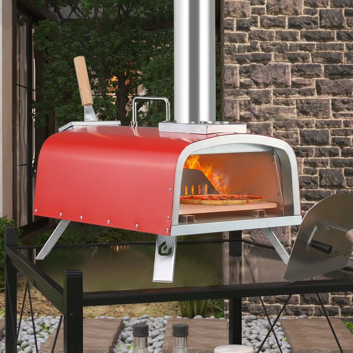 Multi-Fuel Outdoor Pizza Oven Stonebaked Pizza Maker with Gas Burner & Wood Box - 12 inch