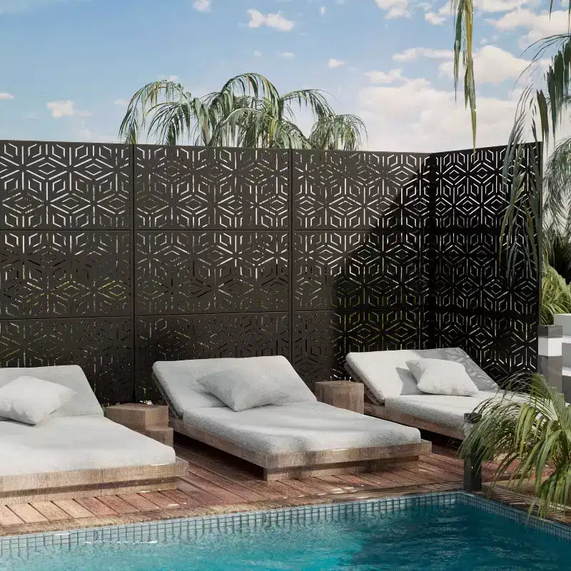 3-Panel Room Divider Screen with Geometric Pattern ¨C Black Galvanized Steel