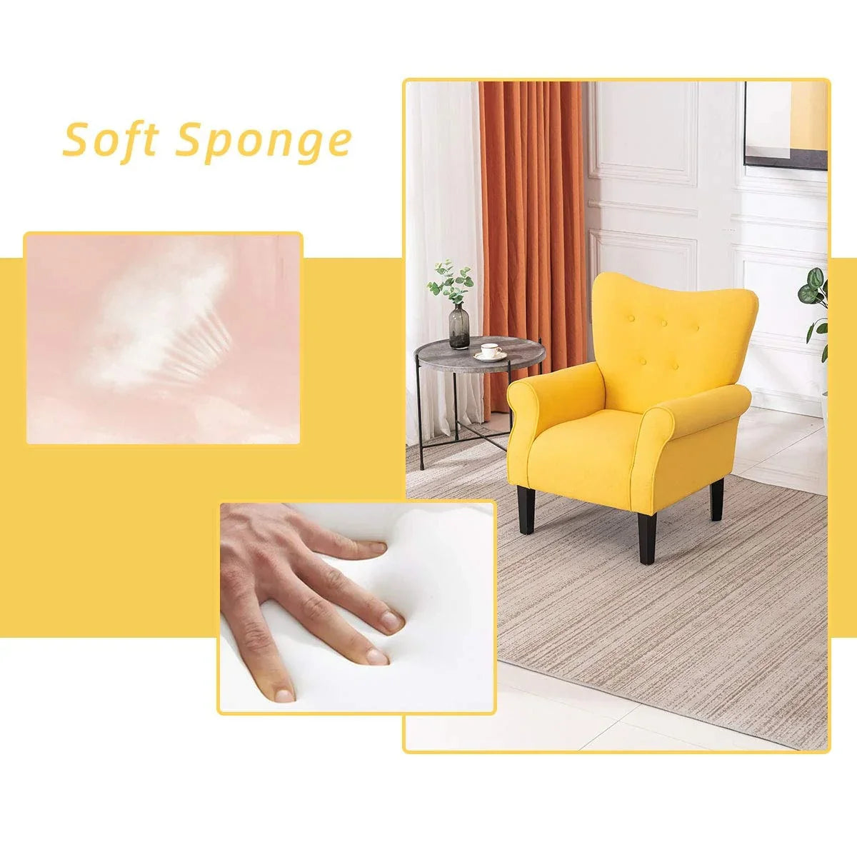 Erommy Modern Accent Chair, High Back Armchair, Upholstered Fabric Button Single Sofa with Wooden Legs for Living Room
