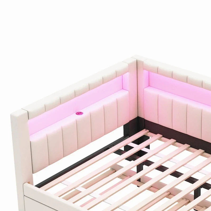 Upholstered Platform Bed with USB Ports & LED Lighting - Full/Twin Size Bed Frame with 2 Storage Drawers - Modern Bedroom