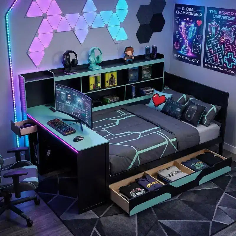 Gamer Hub Daybed με Γραφείο, Φώτα RGB, Σταθμό Φόρτισης, Συρτάρια Αποθήκευσης & Κεφαλάρι-Βιβλιοθήκη