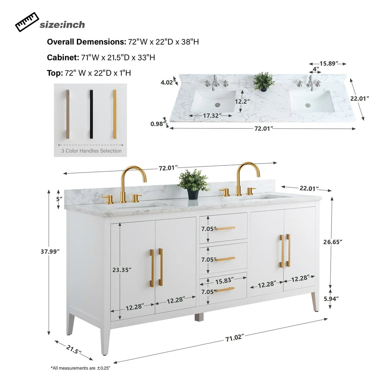 Έπιπλο μπάνιου Vanity Art 72" με διπλό νιπτήρα και πάγκο από τεχνητό μάρμαρο