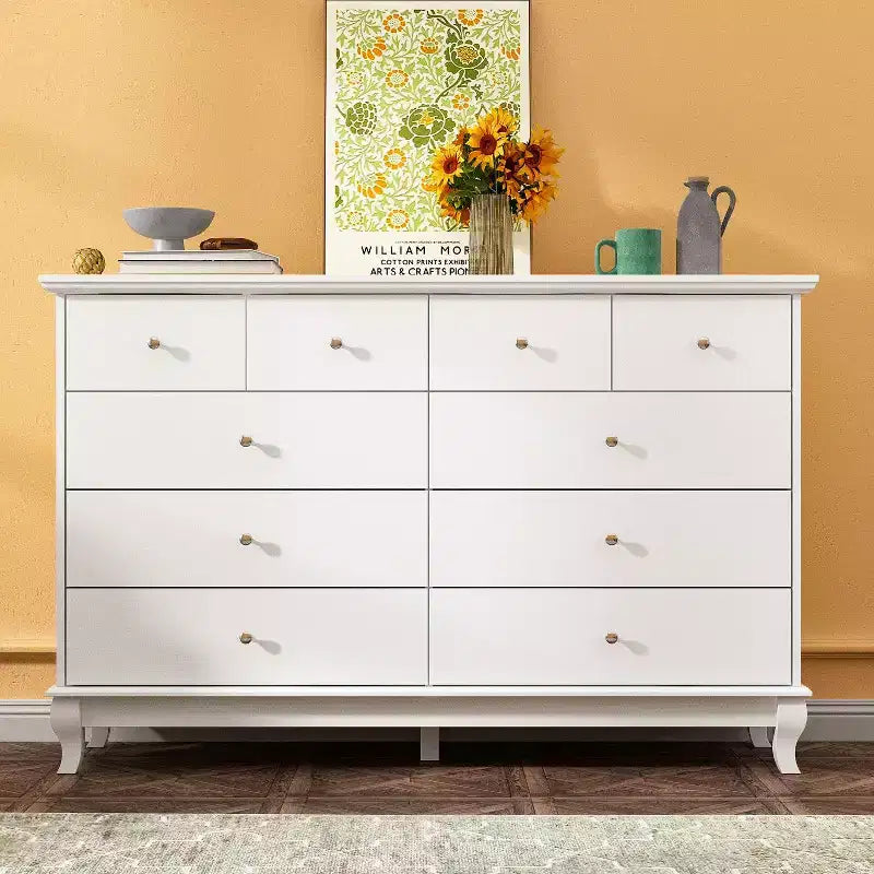 Hitow 10 Drawer Horizontal Dresser with Round Metal Knobs Modern Chest of Drawers