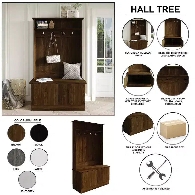 Hall Tree with Storage Bench, Entryway Coat Rack with Hooks & Shoe Storage