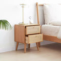 GDFStudio Nydia Solid Oak Wood and Rattan 21.26H Nightstand with Two Drawers
