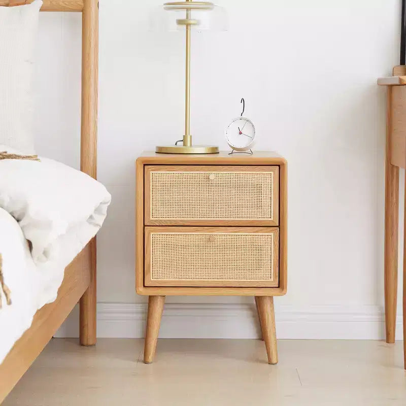 Solid Oak Wood & Rattan Nightstand with Two Drawers, 21.26H Bedside Table
