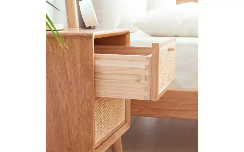 Solid Oak Wood & Rattan Nightstand with Two Drawers, 21.26H Bedside Table