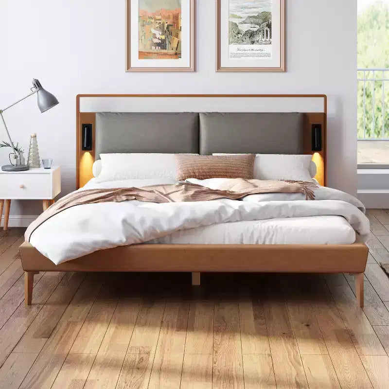 Full/Queen/King Size Wood Platform Bed Frame with PU Upholstered Headboard and 2 Night Lights, Brown+Gray -Christopher Knight Home