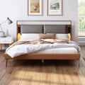 Full/Queen/King Size Wood Platform Bed Frame with PU Upholstered Headboard and 2 Night Lights, Brown+Gray -Christopher Knight Home