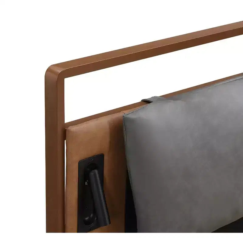 Full/Queen/King Wood Platform Bed Frame with PU Upholstered Headboard & 2 Night Lights, Brown + Gray