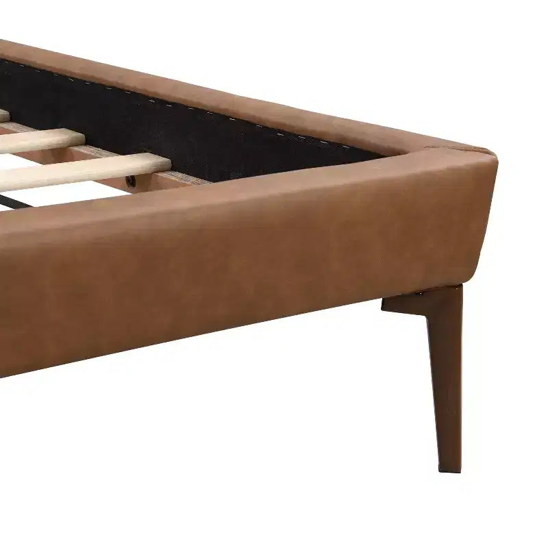 Full/Queen/King Wood Platform Bed Frame with PU Upholstered Headboard & 2 Night Lights, Brown + Gray