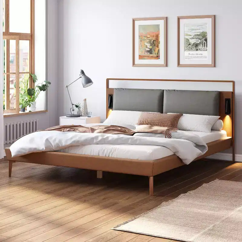 Full/Queen/King Wood Platform Bed Frame with PU Upholstered Headboard & 2 Night Lights, Brown + Gray
