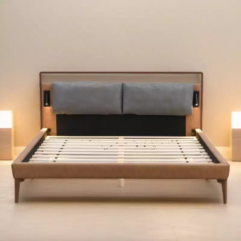 Full/Queen/King Wood Platform Bed Frame with PU Upholstered Headboard & 2 Night Lights, Brown + Gray