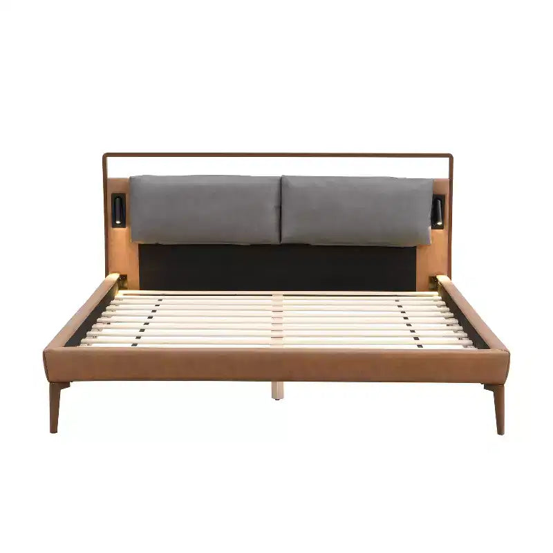 Full/Queen/King Wood Platform Bed Frame with PU Upholstered Headboard & 2 Night Lights, Brown + Gray