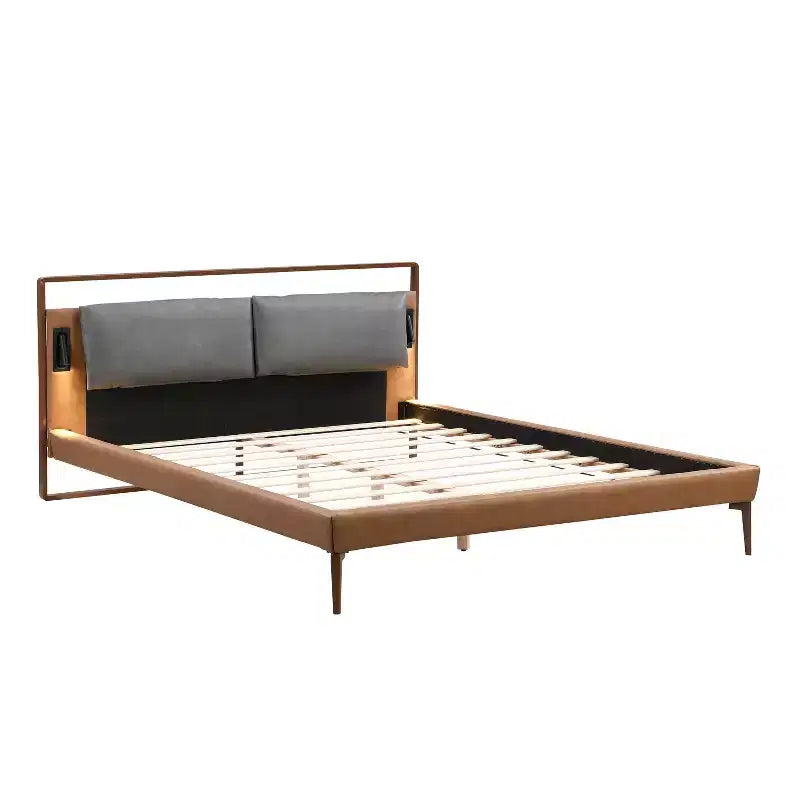 Full/Queen/King Wood Platform Bed Frame with PU Upholstered Headboard & 2 Night Lights, Brown + Gray