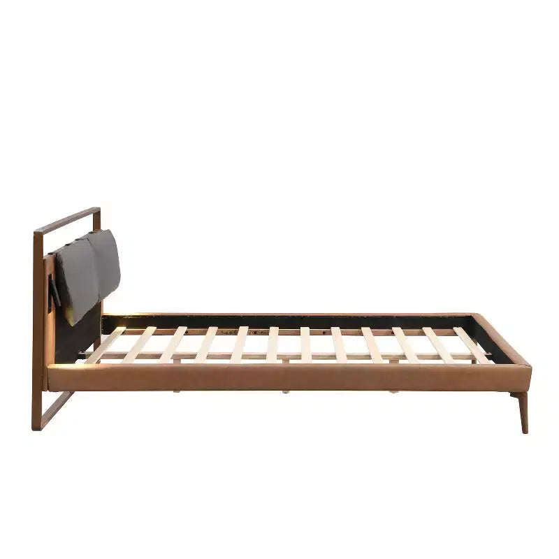 Full/Queen/King Wood Platform Bed Frame with PU Upholstered Headboard & 2 Night Lights, Brown + Gray