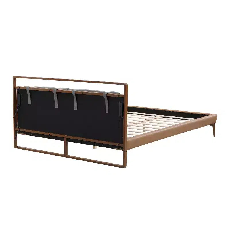 Full/Queen/King Wood Platform Bed Frame with PU Upholstered Headboard & 2 Night Lights, Brown + Gray