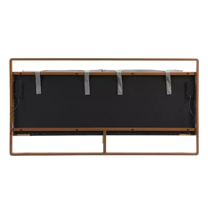 Full/Queen/King Wood Platform Bed Frame with PU Upholstered Headboard & 2 Night Lights, Brown + Gray