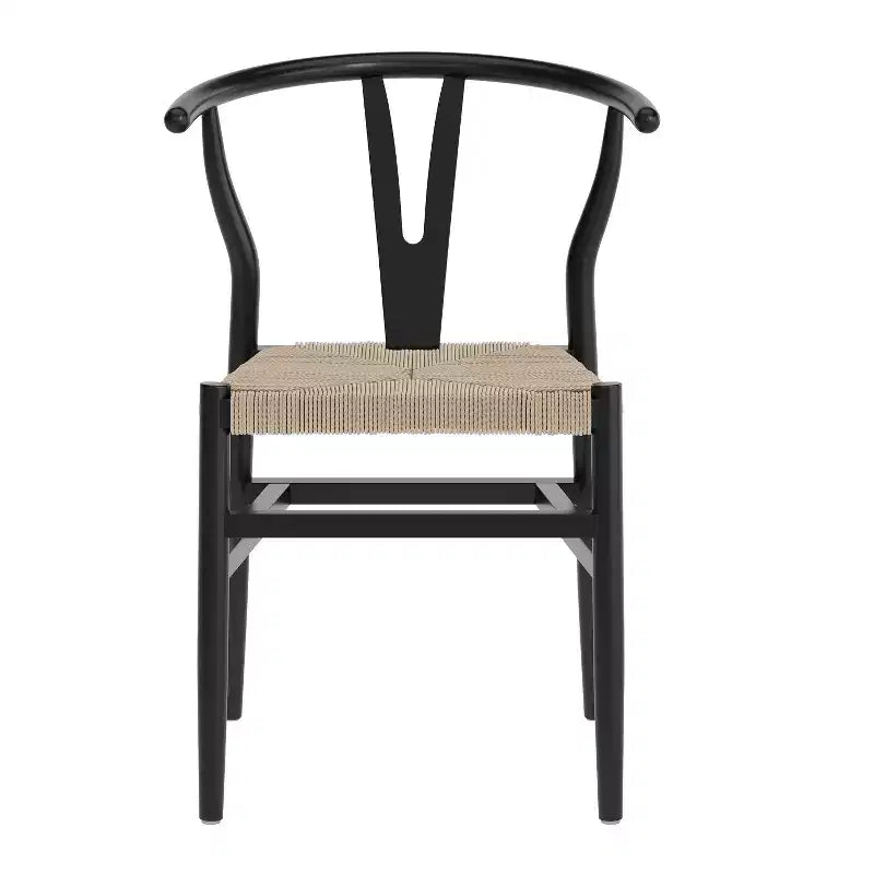 Set of 2 Stackable Y-Back Dining Chairs with Solid Wood Frame & Woven Kraft Paper Rope Seats