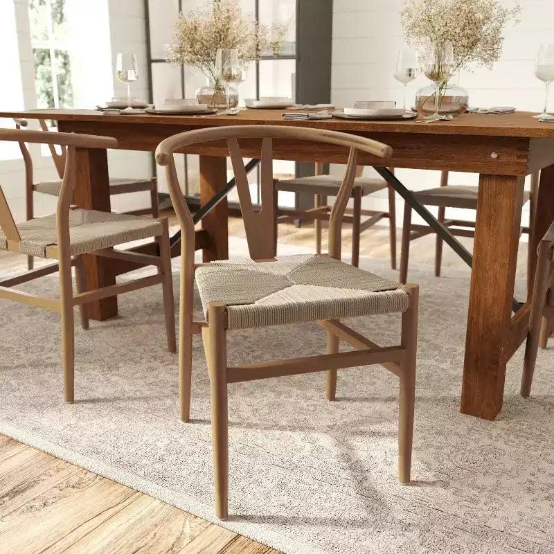 Set of 2 Stackable Y-Back Dining Chairs with Solid Wood Frame & Woven Kraft Paper Rope Seats