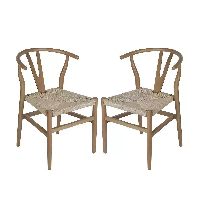 Set of 2 Stackable Y-Back Dining Chairs with Solid Wood Frame & Woven Kraft Paper Rope Seats