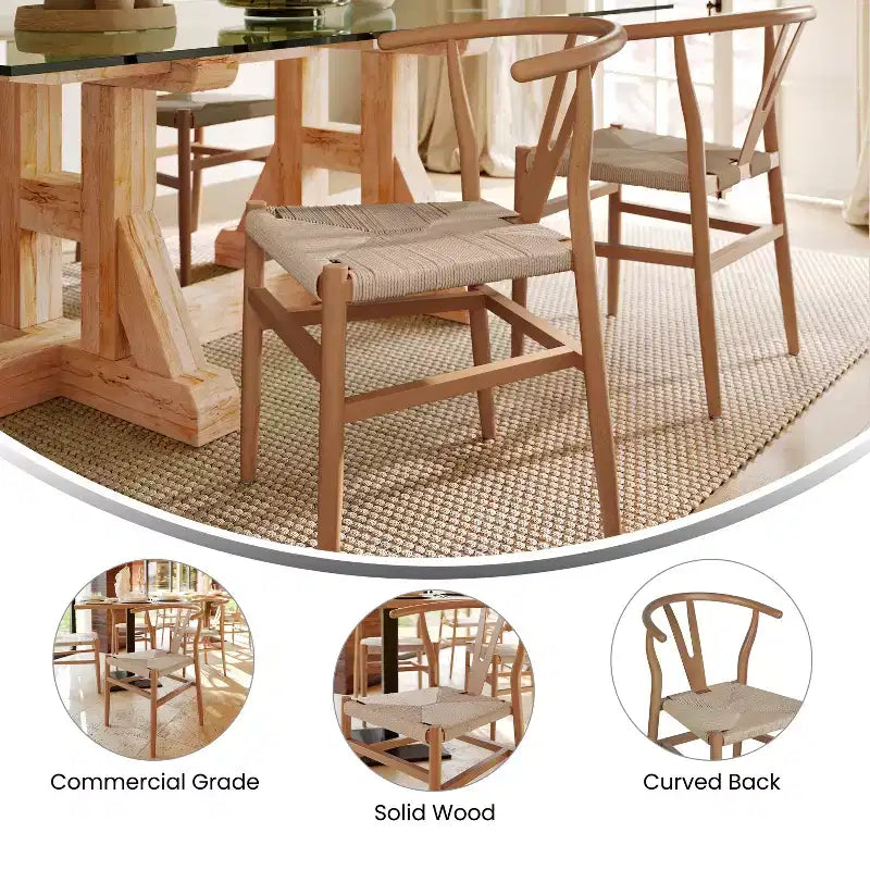 Set of 2 Stackable Y-Back Dining Chairs with Solid Wood Frame & Woven Kraft Paper Rope Seats