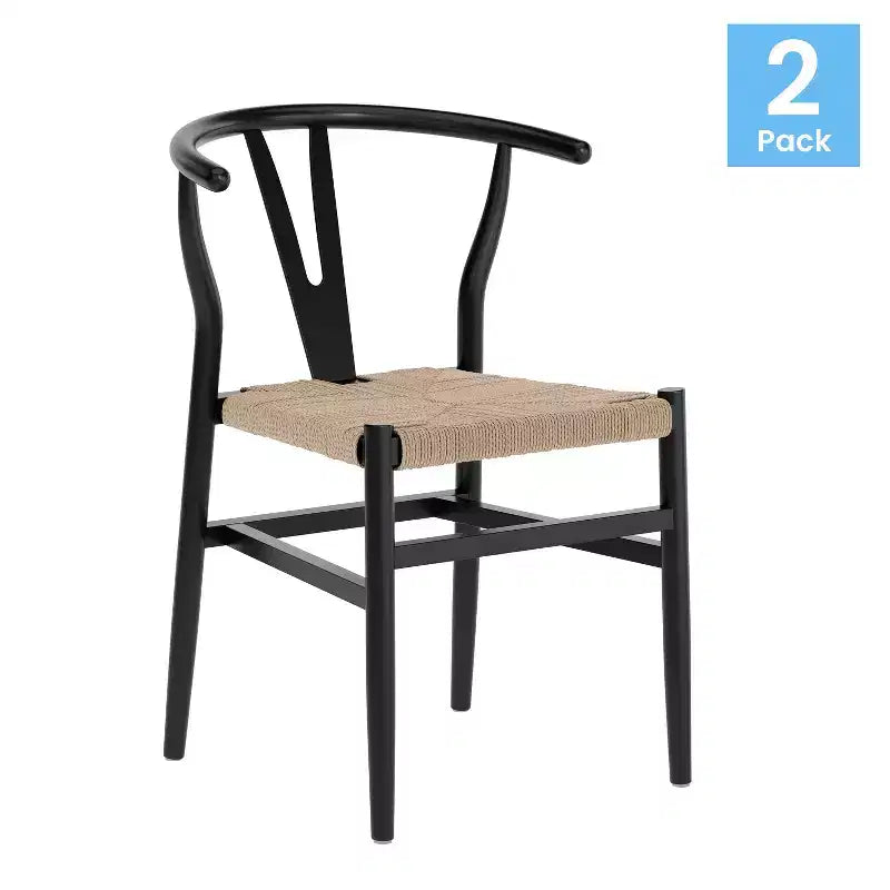 Set of 2 Stackable Y-Back Dining Chairs with Solid Wood Frame & Woven Kraft Paper Rope Seats