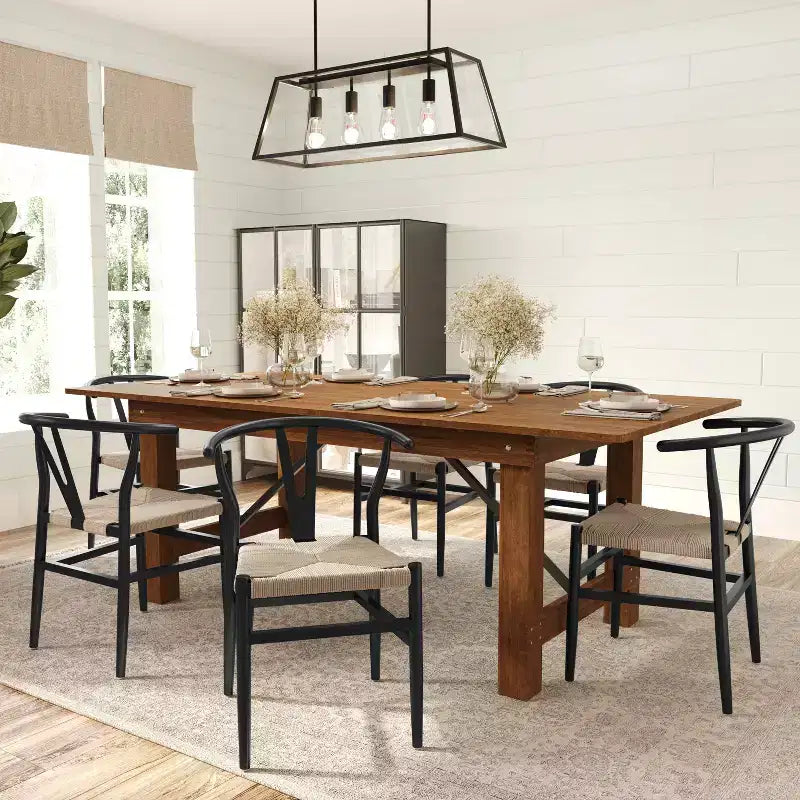 Set of 2 Stackable Y-Back Dining Chairs with Solid Wood Frame & Woven Kraft Paper Rope Seats