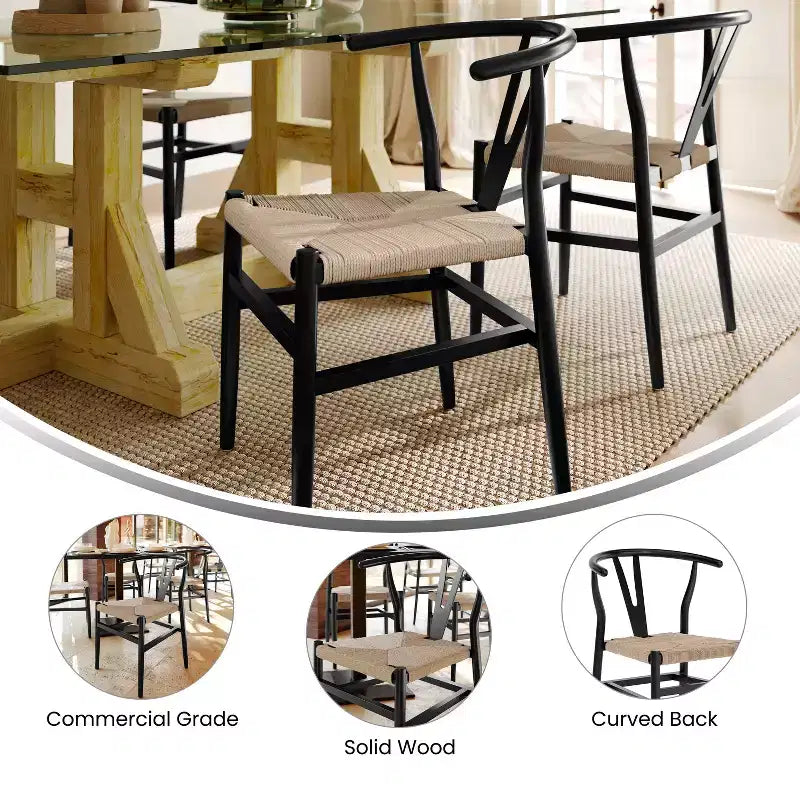 Set of 2 Stackable Y-Back Dining Chairs with Solid Wood Frame & Woven Kraft Paper Rope Seats