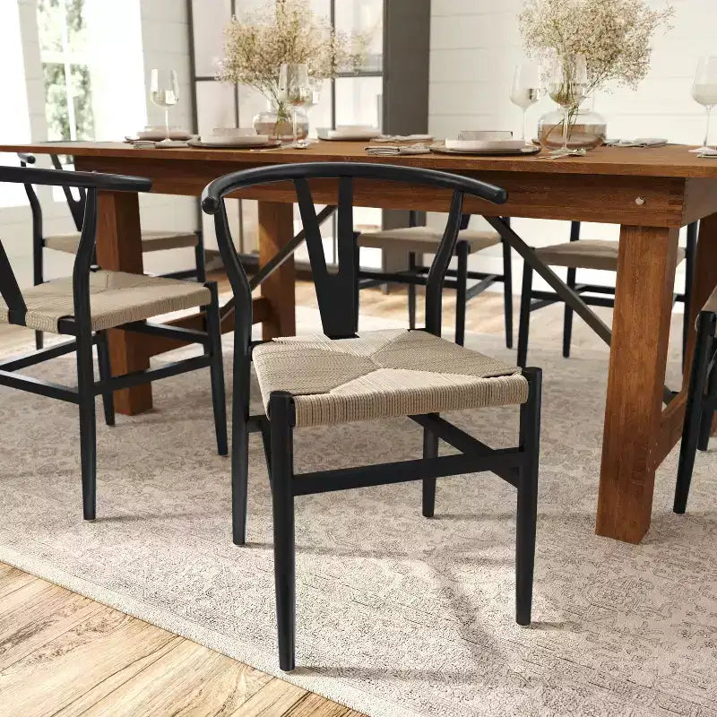Set of 2 Stackable Y-Back Dining Chairs with Solid Wood Frame & Woven Kraft Paper Rope Seats