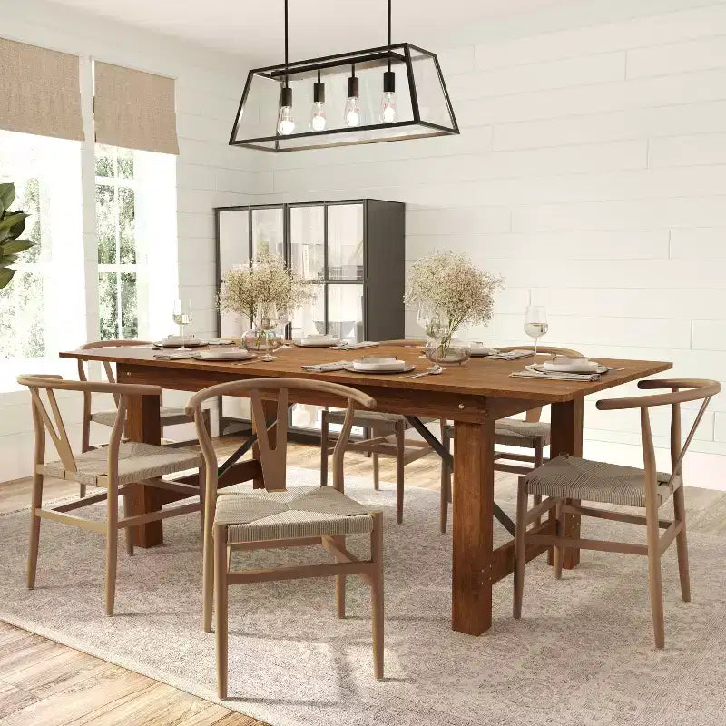 Set of 2 Stackable Y-Back Dining Chairs with Solid Wood Frame & Woven Kraft Paper Rope Seats
