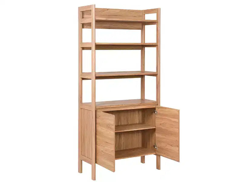 4-Shelf 2-Door Bookcase, Oak Finish, Freestanding Storage Cabinet for Living Room or Office