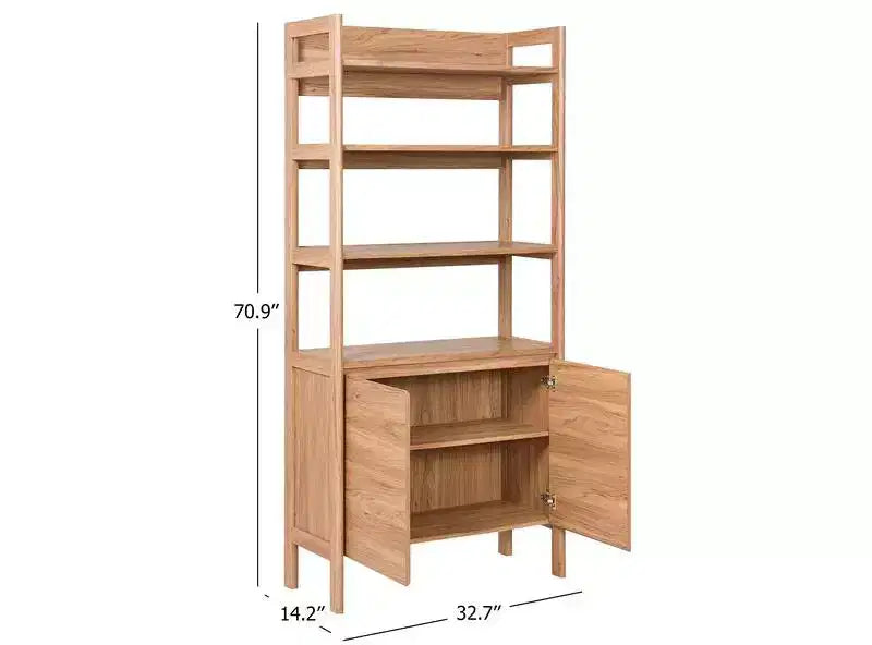 4-Shelf 2-Door Bookcase, Oak Finish, Freestanding Storage Cabinet for Living Room or Office