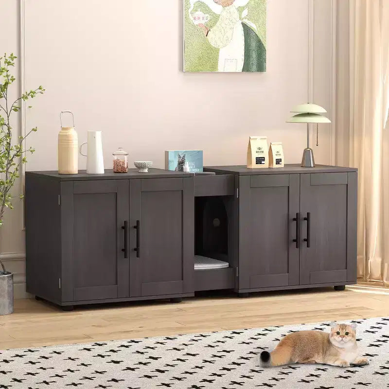 55 Double Litter Box Enclosure for 2 Cats, TV Stand, Waterproof Easy-Clean Surface, Cabinet Buckles & Storage Grooves, Pet Furniture for Living Room