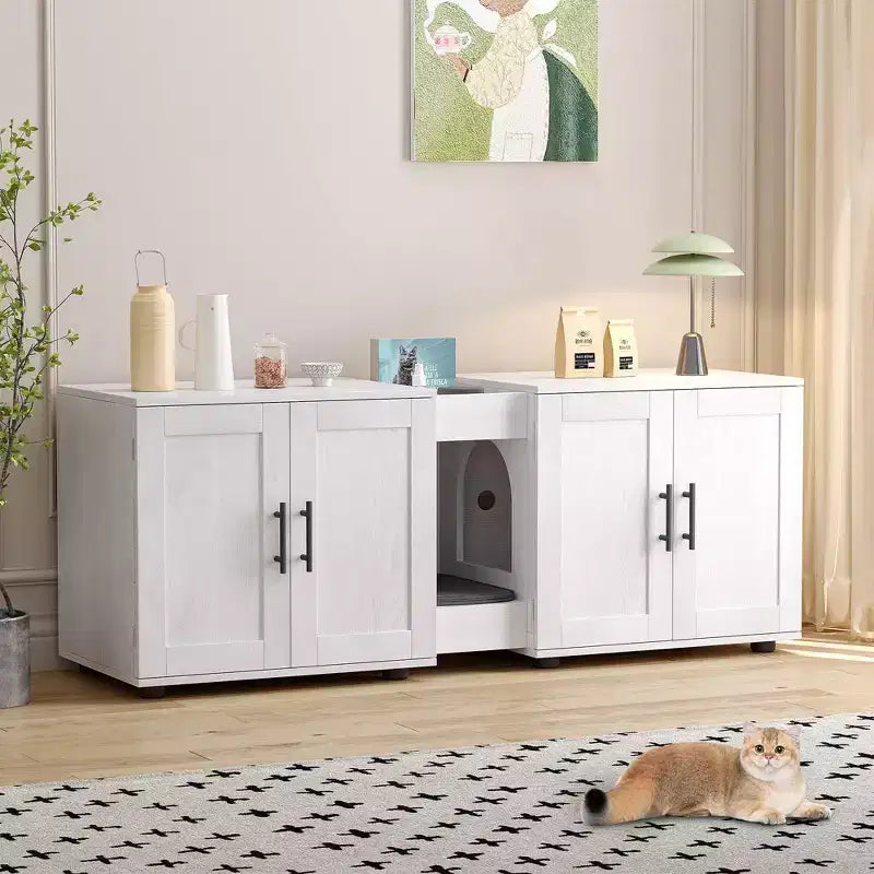 55 Double Litter Box Enclosure for 2 Cats, TV Stand, Waterproof Easy-Clean Surface, Cabinet Buckles & Storage Grooves, Pet Furniture for Living Room