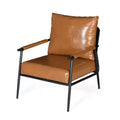 Accent Chair, Mid-Century Modern, Brown Faux Leather, Padded High Backrest, Metal Frame, Wood Armrests, for Living Room Bedroom Office